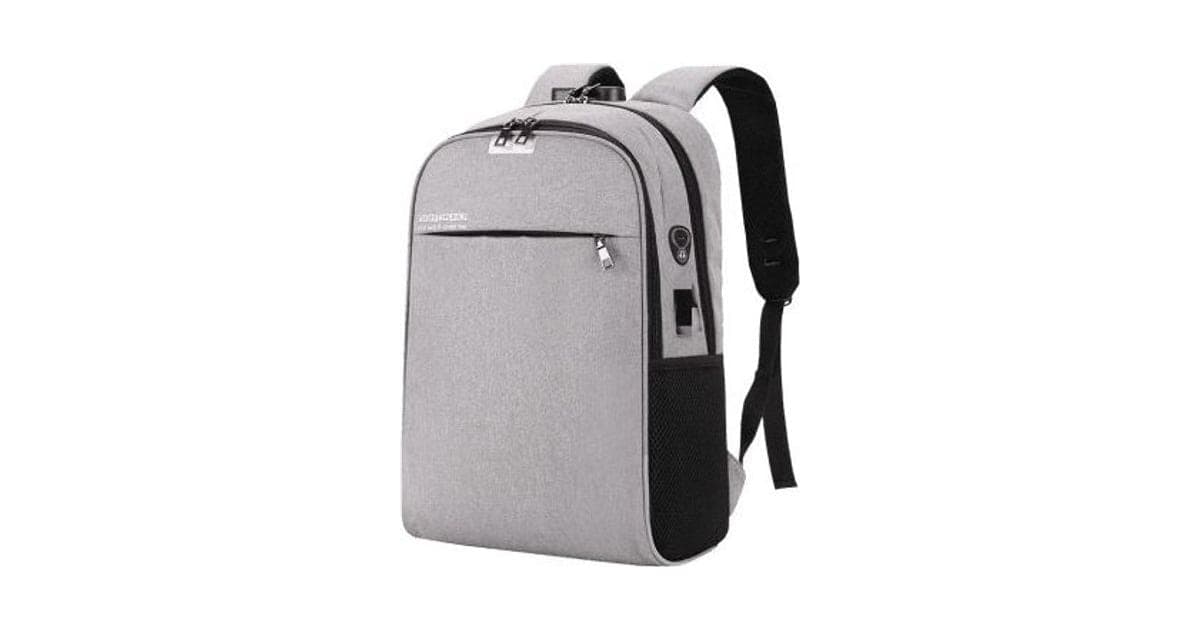Light grey BackXPack laptop backpack with a front zip pocket, black straps, a side USB port and a black mesh side pocket
