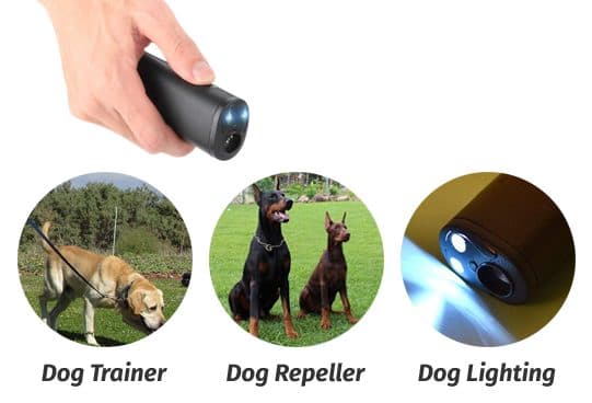 Hand holding the black BarXStop device with its front LED lit, above three circles labelled Dog Trainer, Dog Repeller and Dog Lighting