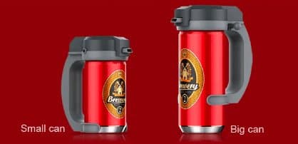 Two BeerBubbler foamers clipped onto a small red beer can and a taller red beer can on a dark red background