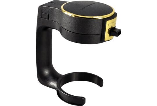 Black BeerBubbler ultrasonic foamer with a gold-trimmed head, curved handle and C-shaped can clip