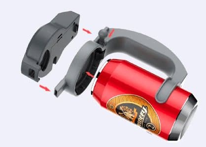 Grey BeerBubbler foamer split into two halves with red arrows, beside a red beer can, illustrating the easy open and wash option
