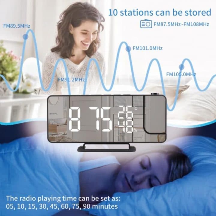 BigTime Pro clock showing 87.5 above a sleeping woman, with radio wave graphics, 10 stored stations and FM 87.5 to 108 MHz