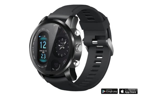BiT Watch with a black bezel marked with modes, a digital panel showing 12 over 23 and an analogue sub-dial, with Google Play and App Store badges
