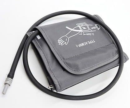 Folded grey upper-arm blood pressure cuff with its air tube and a printed arm diagram showing the 22-32cm range, sold as the BloodPressureX wide cuff fit add-on