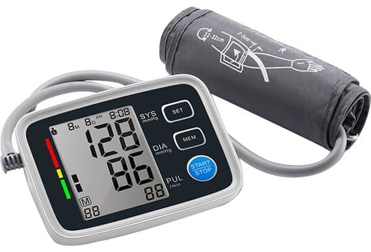 BloodPressureX monitor with a large display reading 128 systolic, 86 diastolic and pulse 88, with set, memory and start buttons, next to a rolled grey cuff marked 22-32cm