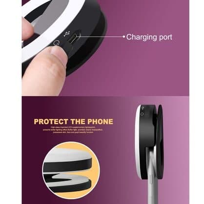 Close-up of a black clip-on ring light with a USB charging port, and the clip gripping a phone with padding to protect it