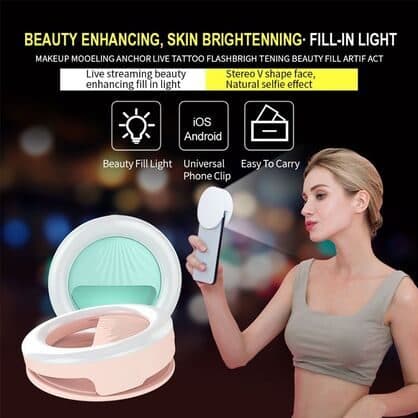 Pink and white clip-on ring lights with a woman holding one on her phone, under the heading beauty enhancing, skin brightening fill-in light