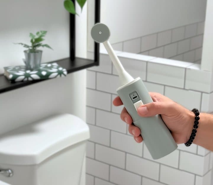 Hand holding the BumBum bidet beside a toilet in a white tiled bathroom