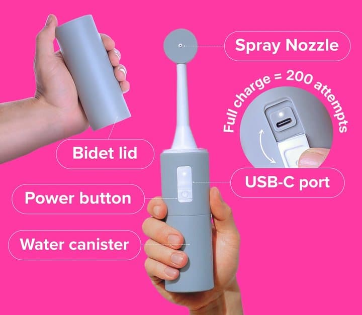 BumBum bidet labelled with spray nozzle, bidet lid, power button, USB-C port and water canister