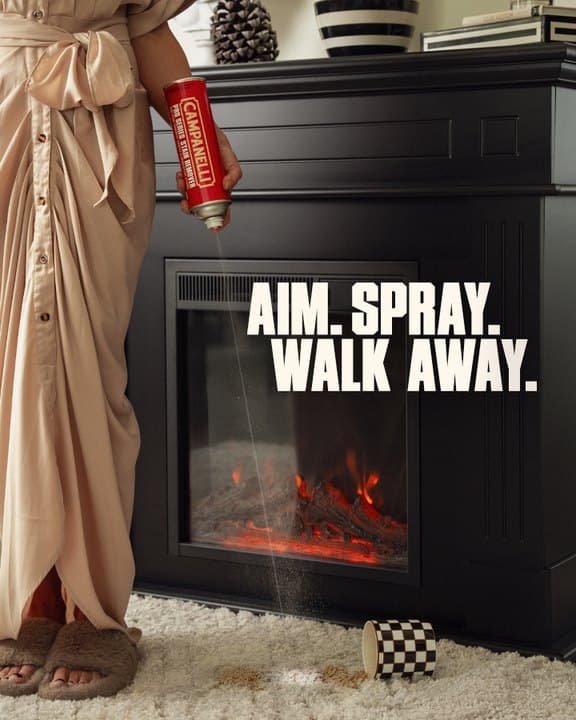 Campanelli product image showing the can sprayed upside down from standing with the caption aim, spray, walk away