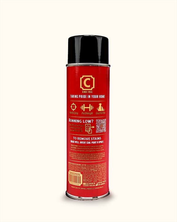 Back label of the red Campanelli can with directions, cautions and Made in the USA mark