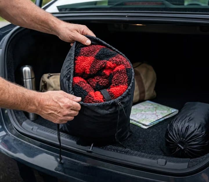 Chair Blanket folded into its attached carry bag in a car boot