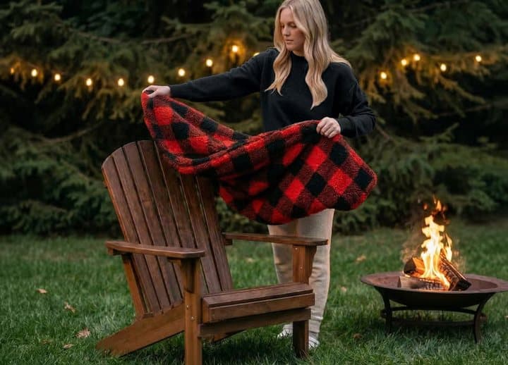Woman placing a red check Chair Blanket over an Adirondack chair beside a fire pit