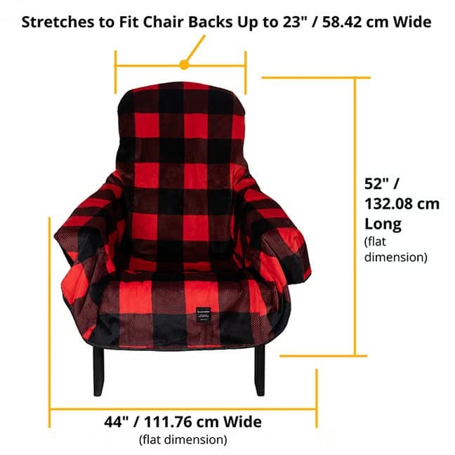 Chair Blanket dimension diagram: 52 inches long, 44 inches wide, stretches to fit chair backs up to 23 inches wide