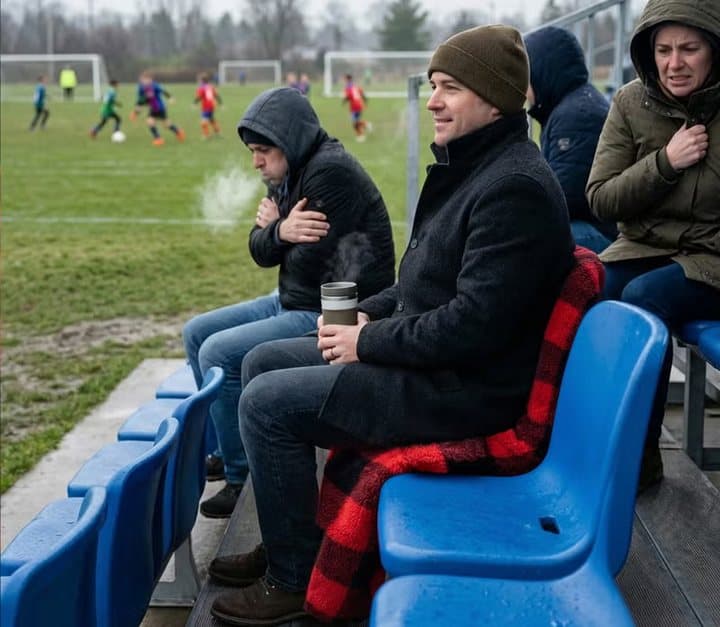 People at a sports field sitting on blue stadium seats covered with Chair Blankets