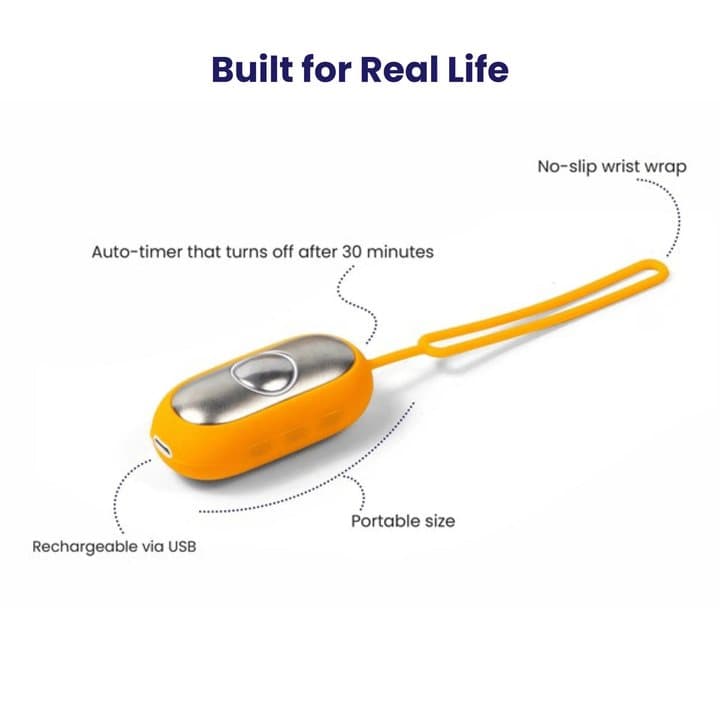 Chill Pill device labelled with no-slip wrist wrap, auto-timer, USB charging and portable size