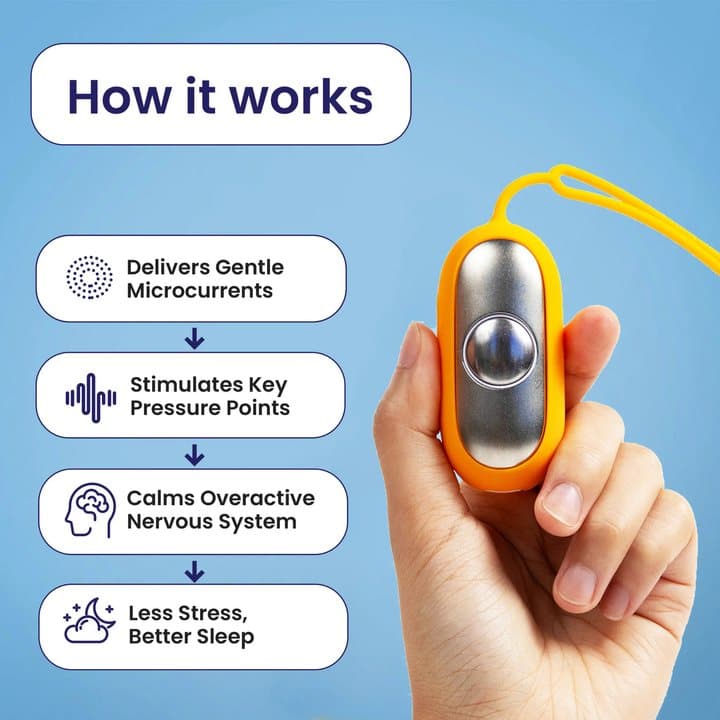 Brand graphic showing a hand holding the Chill Pill and steps from gentle microcurrents to less stress and better sleep