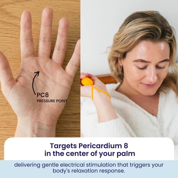 Palm diagram marking the PC8 pressure point beside a woman holding the orange Chill Pill