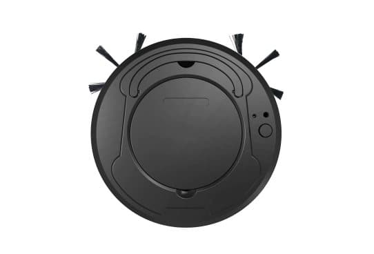 Round matt black CleanRobot mini sweeper seen from above, with black bristles at the front and a single button