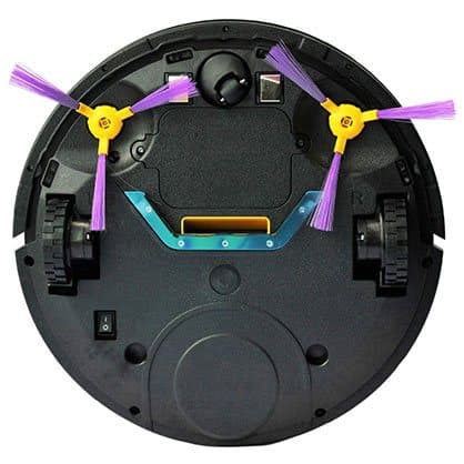 Underside of a round CleanRobot showing two wheels, a suction slot, a power switch and two side brushes with purple bristles