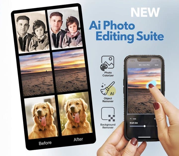 Clickfree graphic of the AI photo editing suite with before and after photos