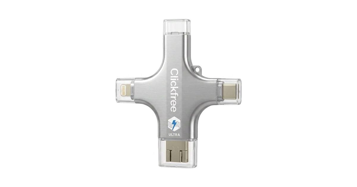 Silver cross-shaped Clickfree Ultra drive with Lightning, USB-C, USB-A and micro-USB connectors