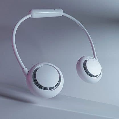 White neck fan with two round pods showing fan blades behind side vents, used for the premium battery add-on