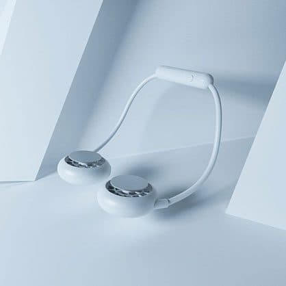 White neck fan with a flexible band and two round pods with silver centres resting on a pale surface, used for the super flex add-on