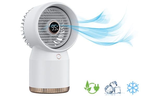 White CoolSpot fan on a round column base with a single button, a digital display in the fan centre and blue airflow graphics