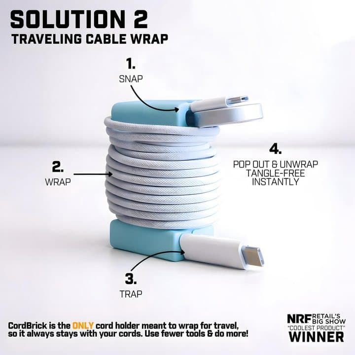Aqua CordBrick with a white cable wrapped around it, labelled snap, wrap, trap and pop out
