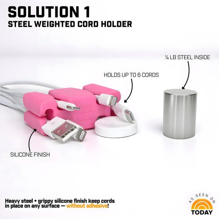 Pink CordBrick holding several charging cables with labels for silicone finish, six cords and steel weight