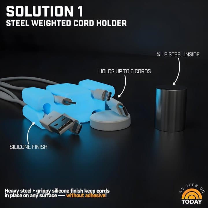 Glow-in-the-dark blue CordBrick holding several cables on a dark background