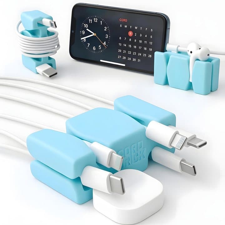 Aqua CordBricks holding charging cables and AirPods beside a phone on a bedside stand