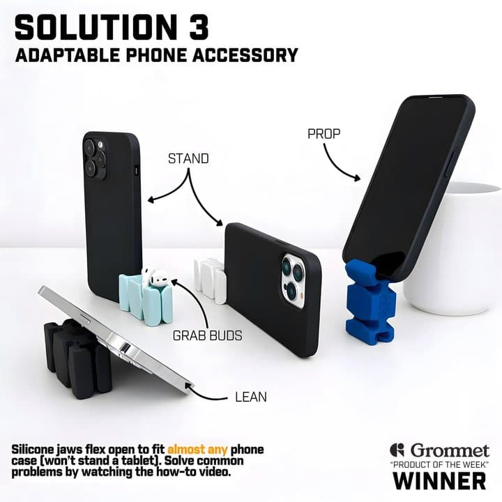 CordBricks holding phones upright, at an angle and gripping earbuds