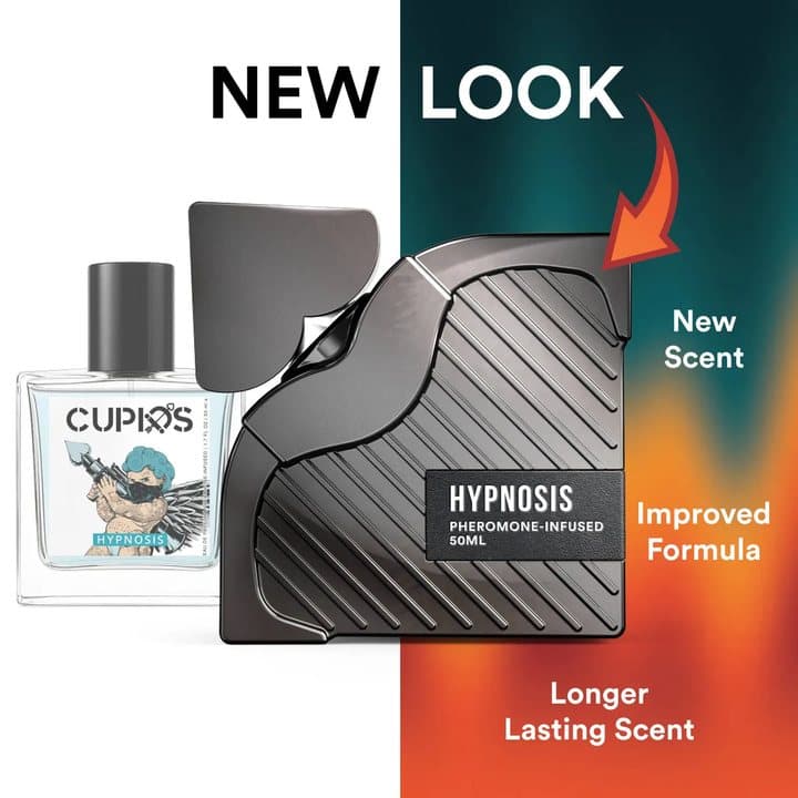 Old clear Cupids bottle beside the new grey Hypnosis 3.0 bottle labelled new scent and longer lasting