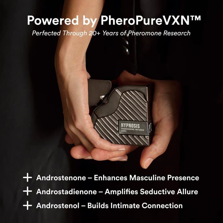 Hands holding the Hypnosis bottle with a list of the three pheromone compounds in PheroPureVXN