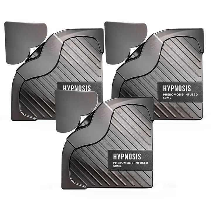 Three Cupids Hypnosis pheromone-infused cologne bottles grouped together