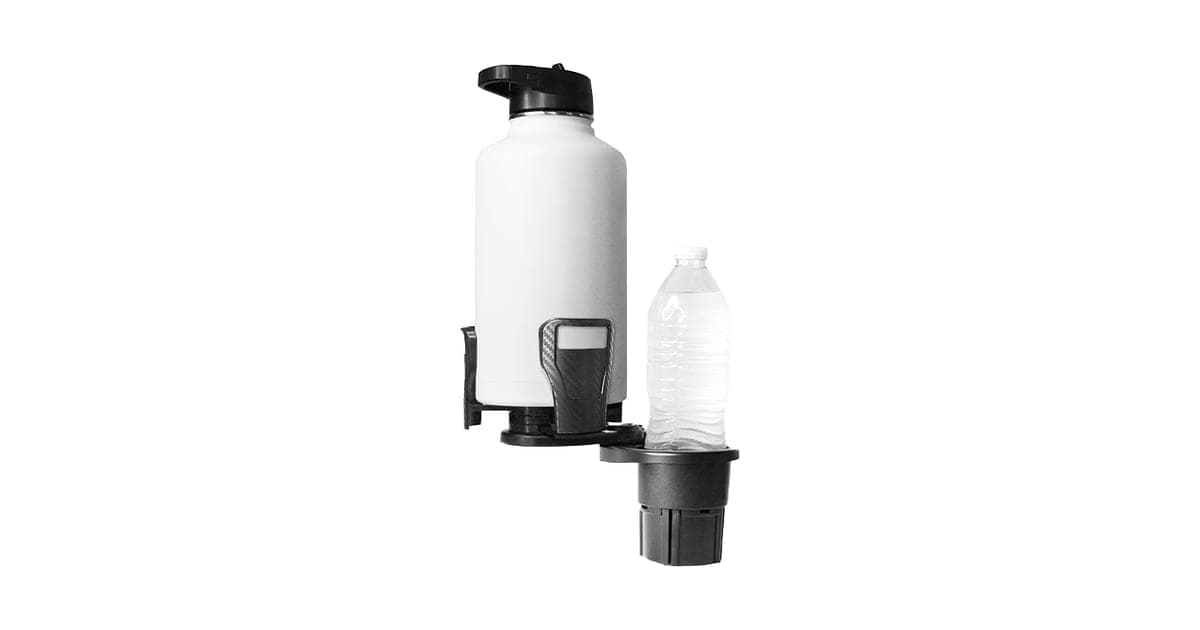 Dual CupStation holding a large white insulated bottle in its top tier and a water bottle in its swung-out second holder