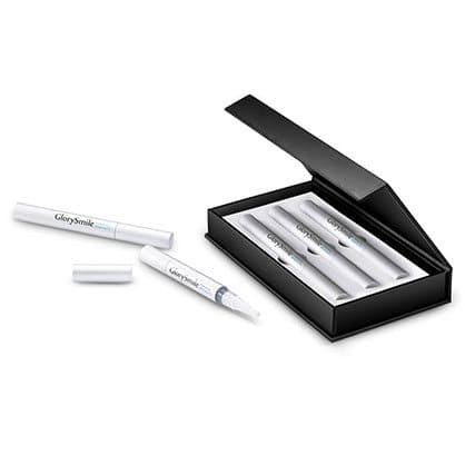 Black box of three white whitening pens printed with GlorySmile, offered as the DiamondSmile refill pens add-on