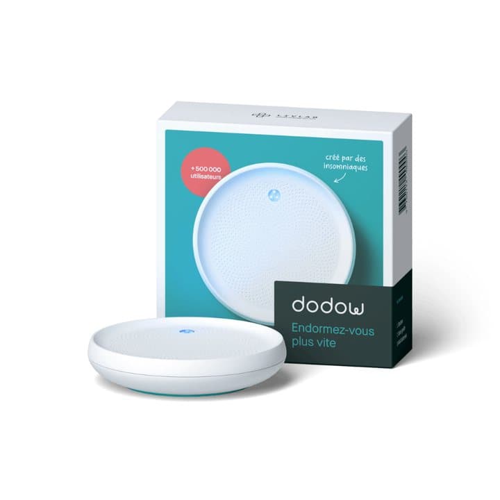 White Dodow sleep light device in front of its teal and white retail box