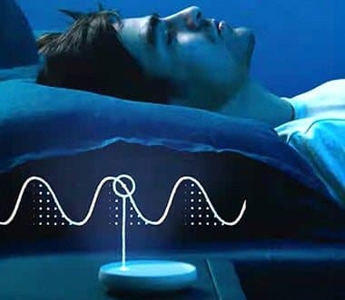 Man in bed with a light wave graphic showing the Dodow halo rising and falling on the ceiling