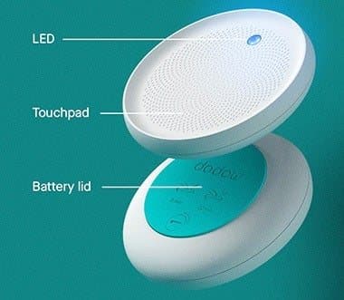 Dodow sleep light with its top lifted to show the LED, touchpad surface and AAA battery lid