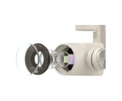 Close-up of a silver gimbal camera lens from a large drone, shown as the Drone Ultra 720P Camera Upgrade add-on