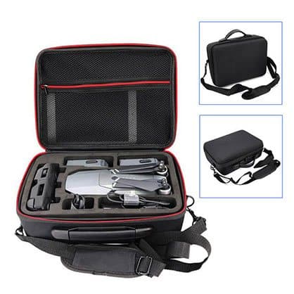 Black hard-shell carry case with red zip holding a grey folding drone, offered as the Drone Ultra Protection Travel Case