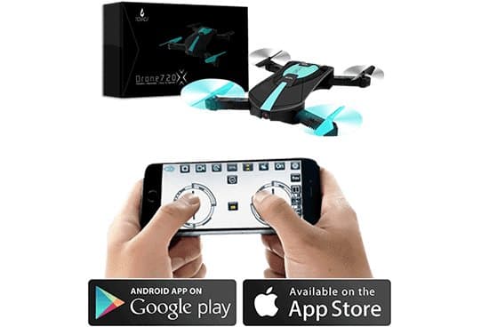 DroneX folding drone beside a box labelled Drone720X and hands holding a phone running the flight app