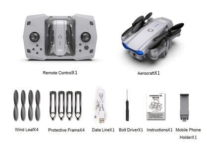 Box contents: a grey remote with the drone stored in its centre, the drone unfolded, four propellers, four guards, a cable, screwdriver, instructions and a phone holder