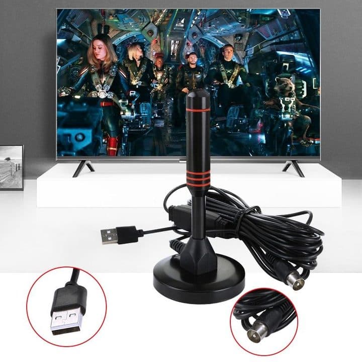 DVB-T UltraBoost antenna on a white TV stand in front of a television, with insets of the USB plug and the round IEC coaxial plug