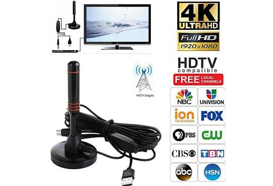 DVB-T UltraBoost antenna and cable with a connection diagram to a TV, beside 4K and Full HD badges and logos for NBC, Fox, PBS, CBS and other US networks