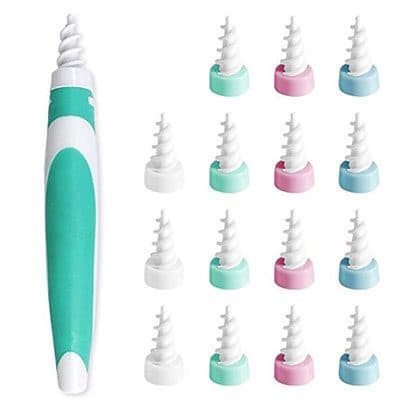 Easy WaxOff handle beside sixteen white spiral tips on white, green, pink and blue bases