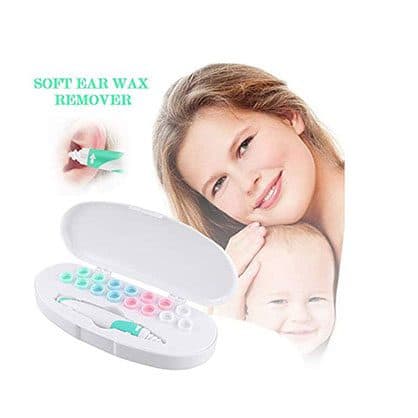 White storage case holding the ear wax tool and colourful tips, beside a woman cuddling a baby and the words soft ear wax remover
